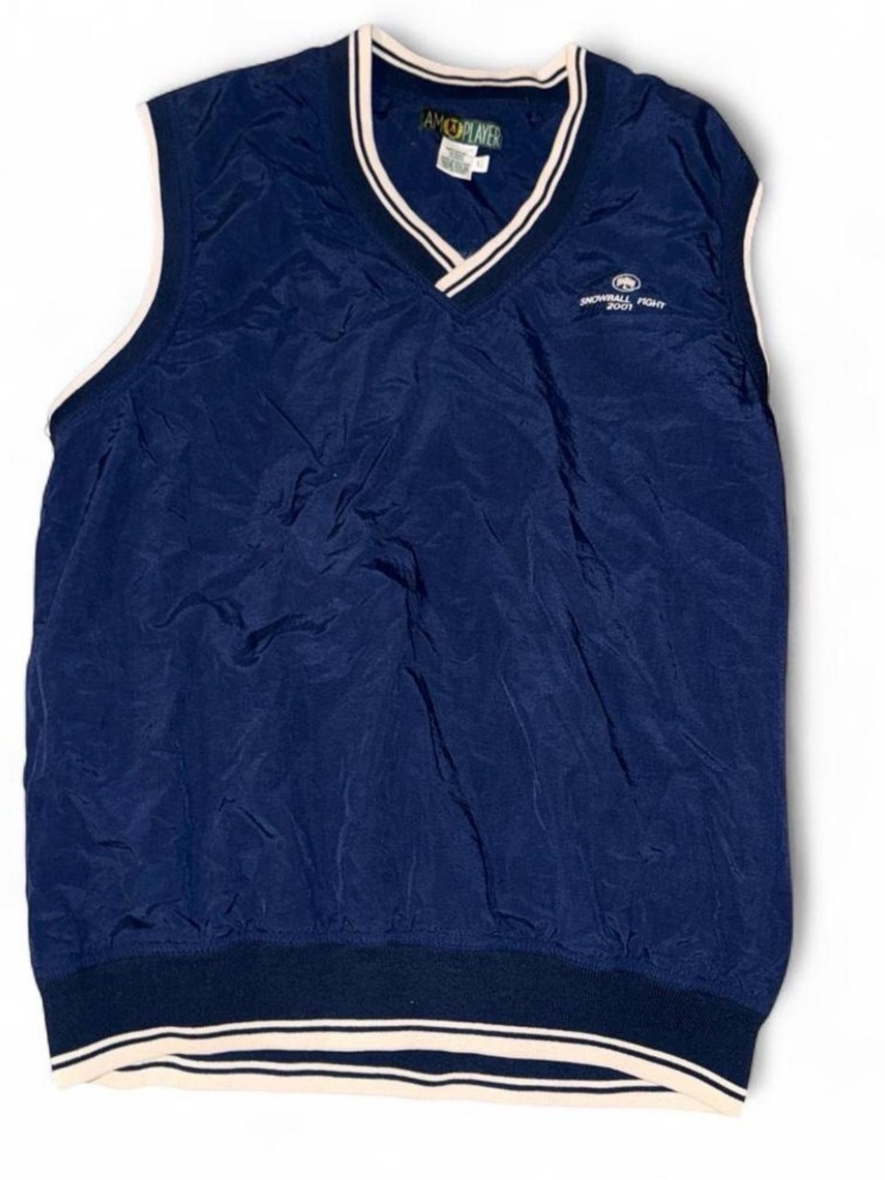 Vintage Men's Navy “Snowball Fight 2001” V-Neck Sweater Vest